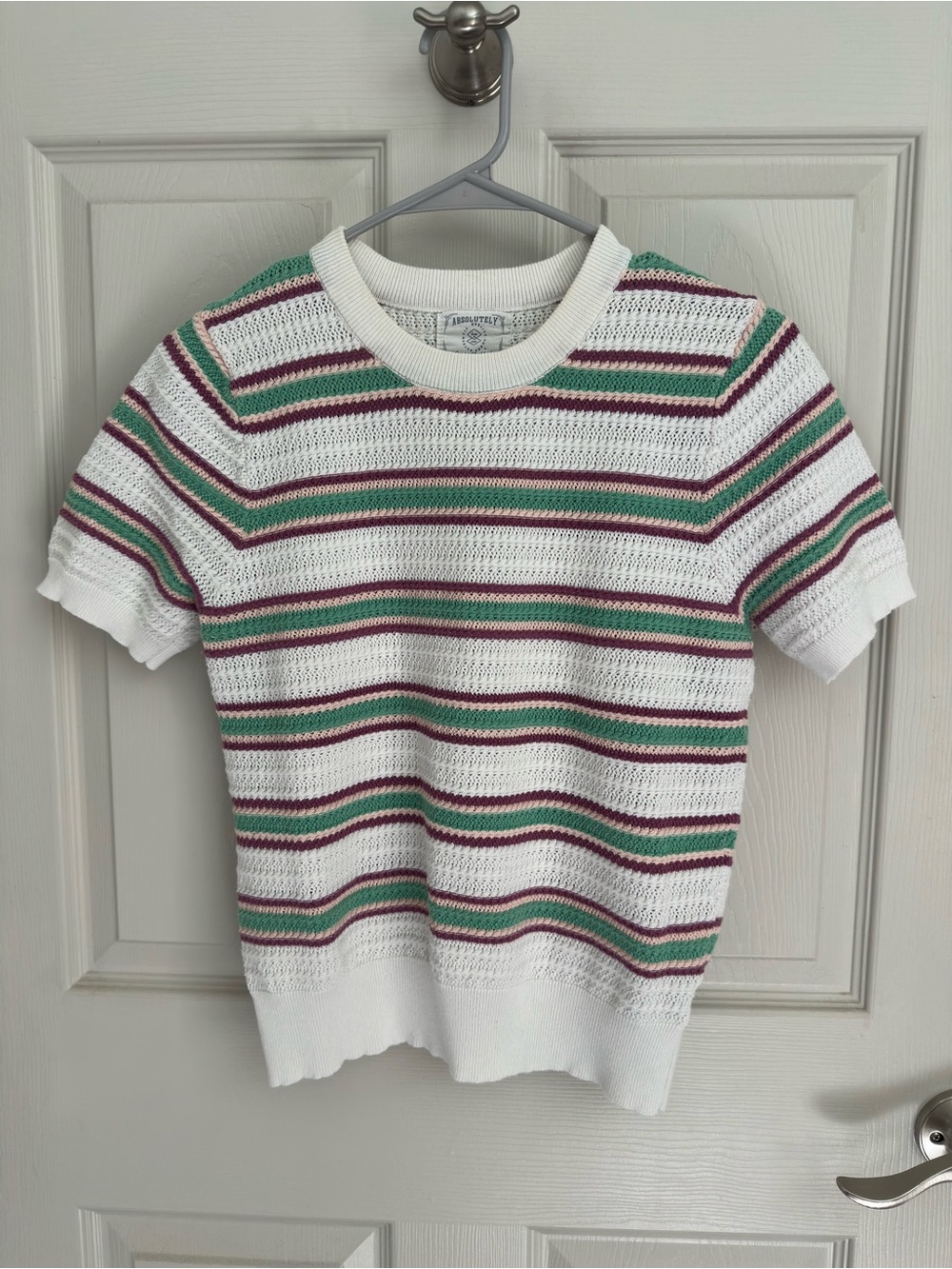 Absolutely White Knit Crewneck Sweater with Green and Pink Stripes